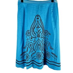 Victor Costa Womens Large Skirt Blue Embroidered Lined Beachy‎ Office Coastal